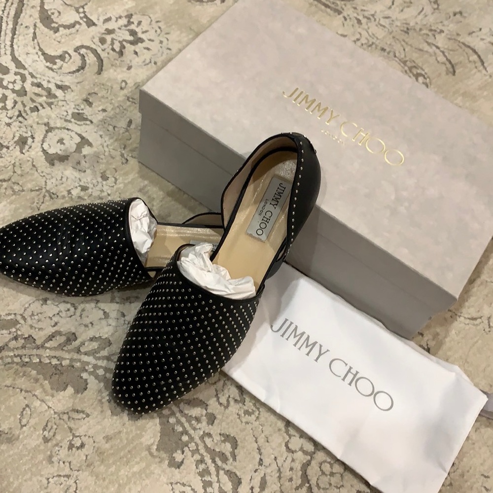 Jimmy Choo • Globe Flat • 37 1/2 • Black/Silver • Original Box & Dust Bag